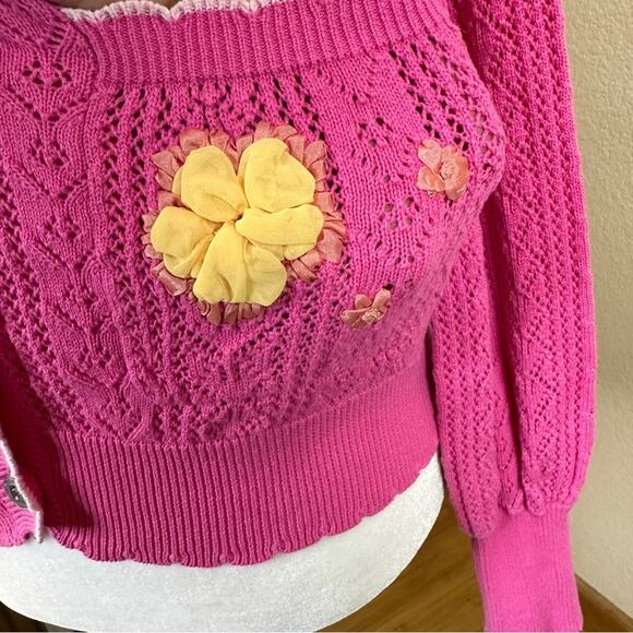 LoveShackFancy Pink Knit Flower Appliqué Pocket Cardigan Sweater. ⭐️Rare.⭐️ - Picture 6 of 13